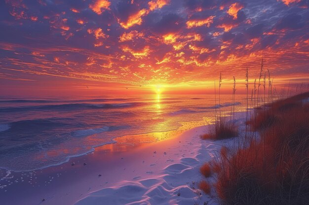 Cielo vivace al tramonto su un oceano calmo con spiaggia di sabbia bianca e erba di avena in primo piano