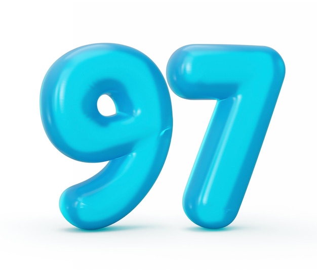 Cifra di gelatina blu 97 Novanta sette isolati su sfondo bianco Numeri di alfabeti colorati di gelatina