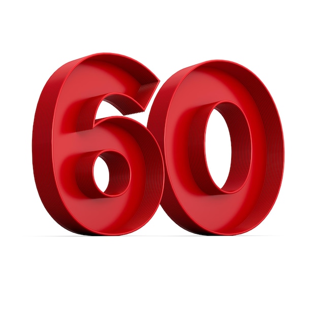 Cifra rossa 60 o sessanta con ombra interna isolata su sfondo bianco 3d'illustrazione