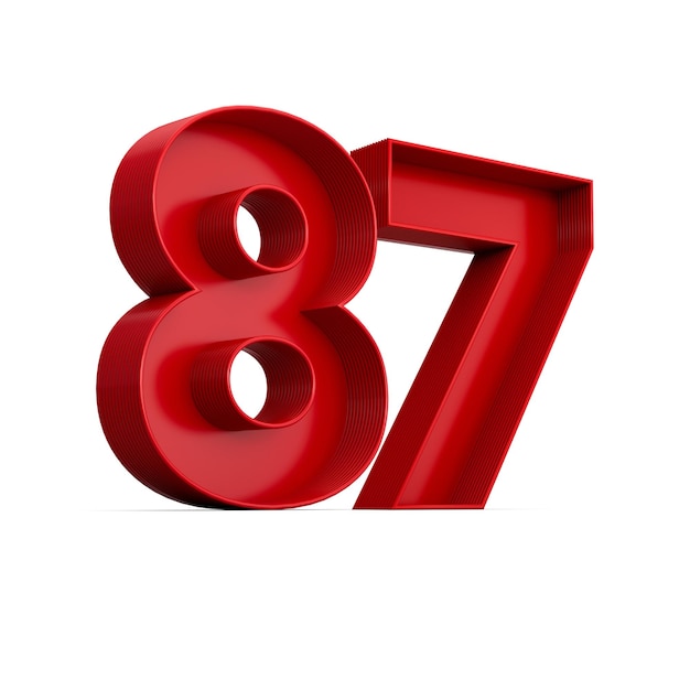 Cifra rossa 87 o ottantasette con ombra interna isolata su sfondo bianco 3d'illustrazione