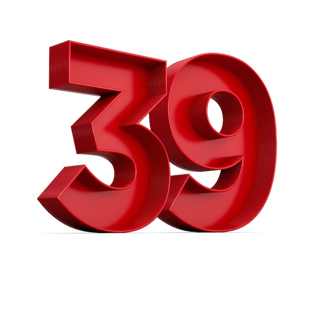 Cifra rossa 39 o trentanove con ombra interna isolata su illustrazione 3d bianca