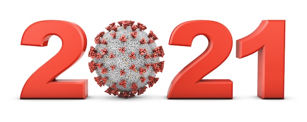 Cifre volumetriche 2021 e coronavirus covid-19 su un muro bianco. Rendering 3D.