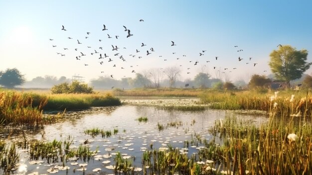 Cigni bianchi che volano sull'acqua Immagine creata con acquerelli