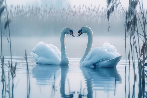 Cigni che formano una forma di cuore sul lago nebbioso