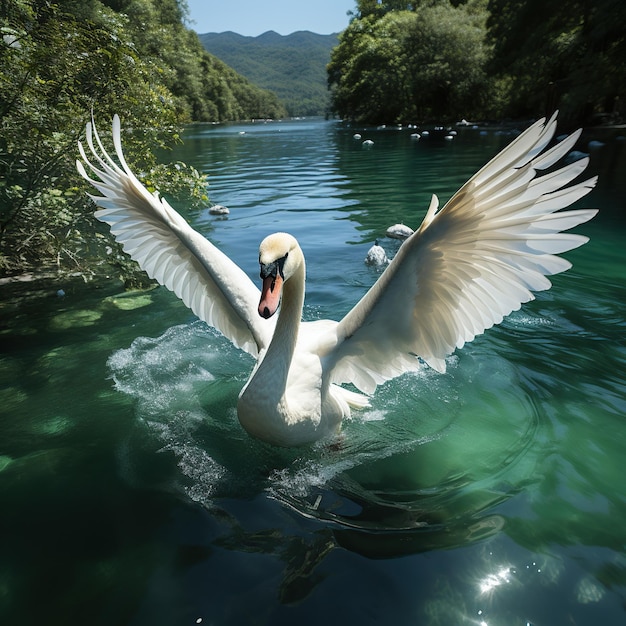 Cigni che volano sopra il bellissimo fiume