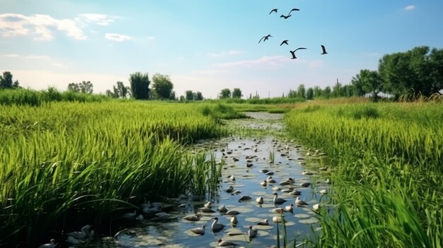 Cigni e cigno che nuotano in un lago in estate