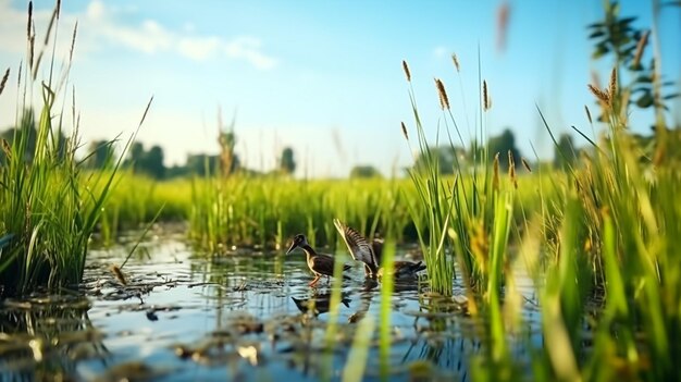 Cigni e cigno che nuotano in un lago in estate