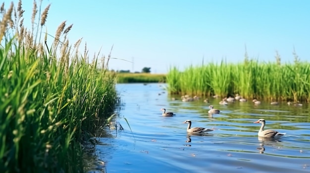 Cigni e cigno che nuotano in un lago in estate