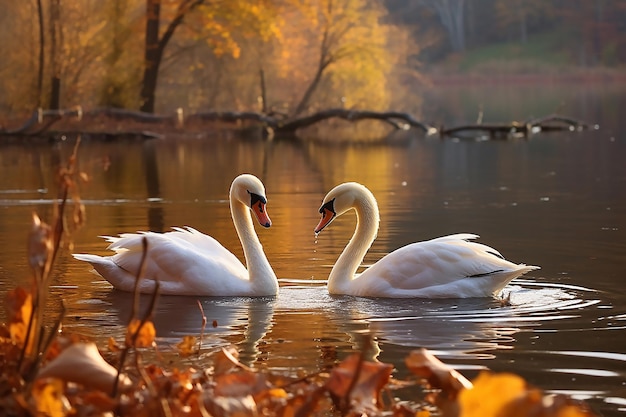 Cigni vicino al lago d'autunno