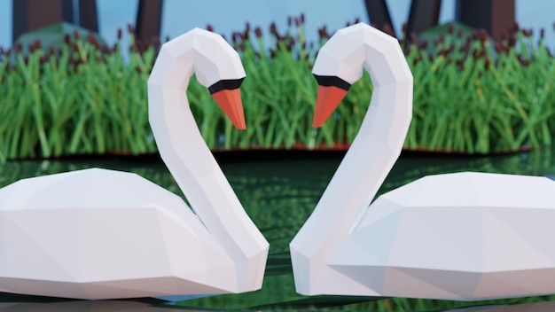 Cigno basso poli su un lago con canne Illustrazione 3d poli basso