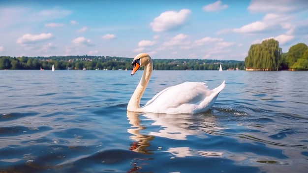 cigno sull'acqua blu del lago alla luce del sole del mattino cigni sulla serie della natura dello stagno