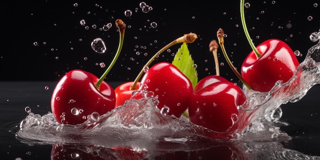 Ciliegie in acqua con uno sfondo nero