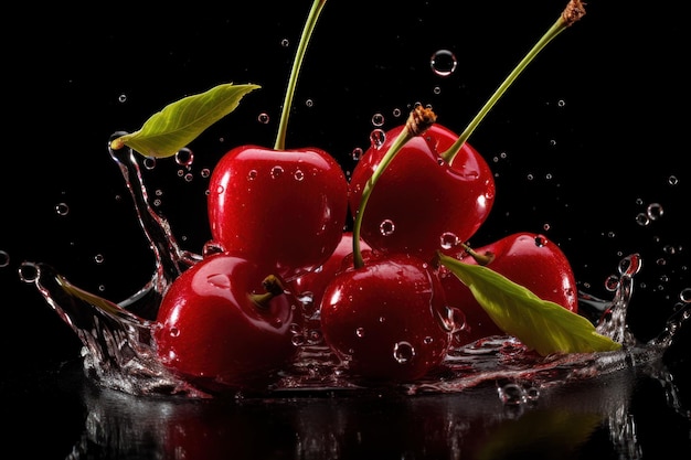 ciliegie rosse in succo rosso spruzzato su uno sfondo nero