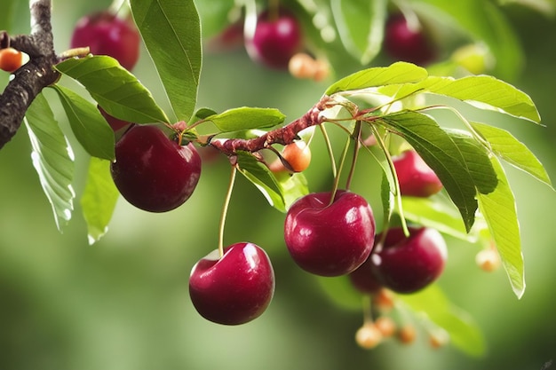 Ciliegie rosse mature che pendono da un albero nel giardino ai generativo