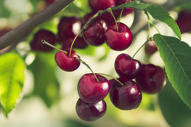 Ciliegie rosse mature che pendono da un albero nel giardino ai generativo