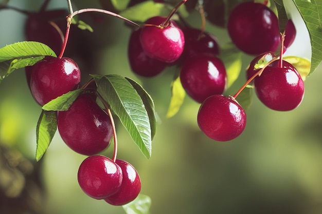 Ciliegie rosse mature che pendono da un albero nel giardino ai generativo