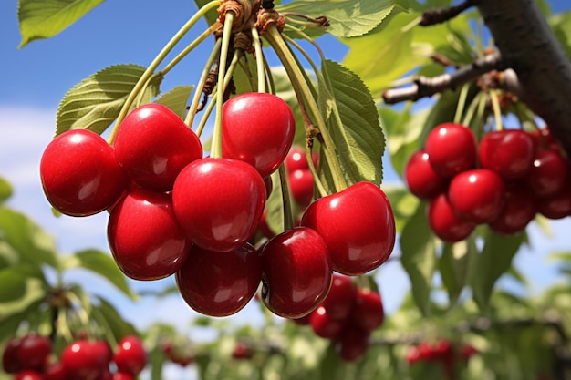 Ciliegie rosse su un ramo di ciliegio nel frutteto