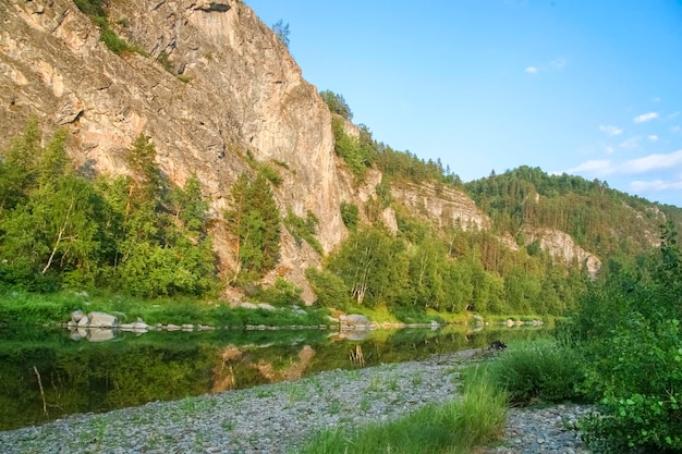 Cima in pietra di rocce con alberi e fiume