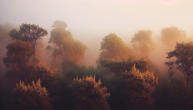 cime degli alberi scuri nella pesante nebbia mattutina paesaggio forestale sfondo carta da parati AI generativa