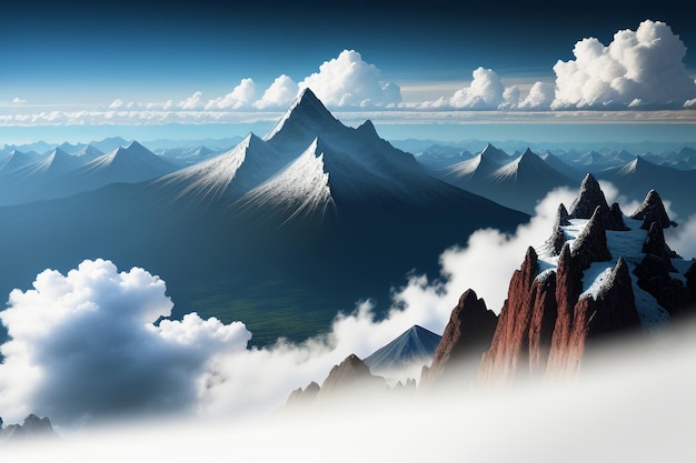 Cime di montagna sotto il cielo azzurro e nuvole bianche scenario naturale sfondo fotografia