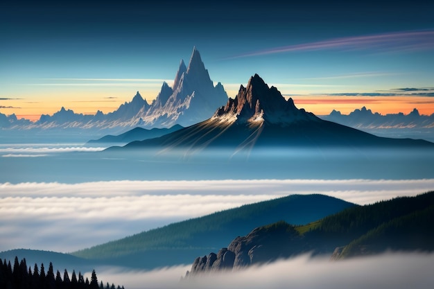 Cime di montagna sotto il cielo azzurro e nuvole bianche scenario naturale sfondo fotografia