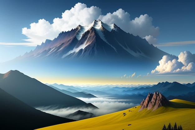 Cime di montagna sotto il cielo azzurro e nuvole bianche scenario naturale sfondo fotografia