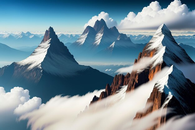 Cime di montagna sotto il cielo azzurro e nuvole bianche scenario naturale sfondo fotografia