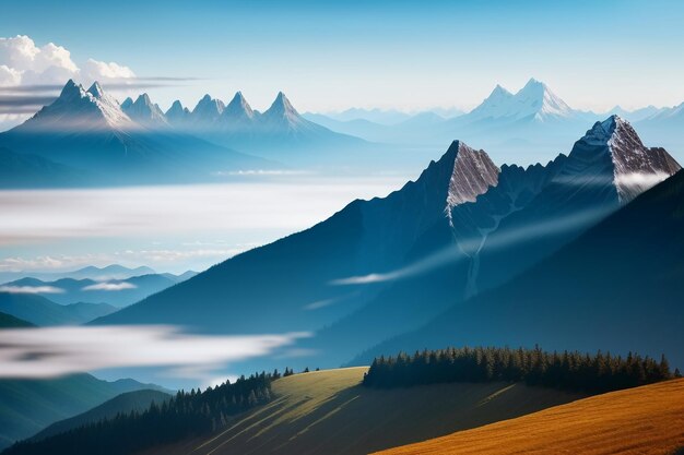 Cime di montagna sotto il cielo azzurro e nuvole bianche scenario naturale sfondo fotografia