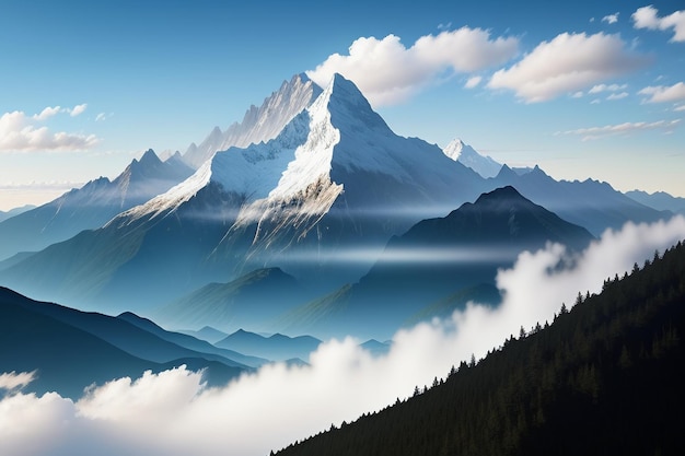 Cime di montagna sotto il cielo azzurro e nuvole bianche scenario naturale sfondo fotografia