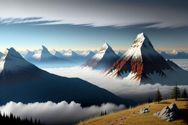 Cime di montagna sotto il cielo azzurro e nuvole bianche scenario naturale sfondo fotografia