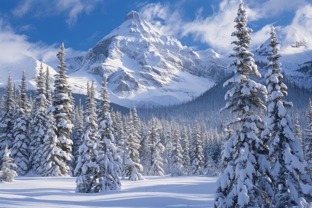 Cime innevate con alberi in primo piano Paesaggio montuoso puro e tranquillo