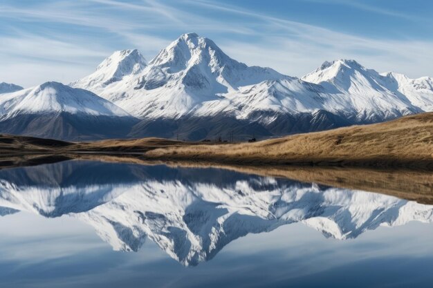 Cime montuose innevate riflesse nel lago immobile creato con intelligenza artificiale generativa