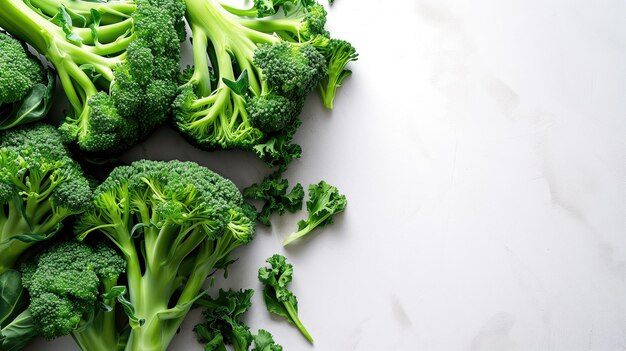 Cimette di broccoli freschi sparse su uno sfondo bianco brillante con ampio spazio