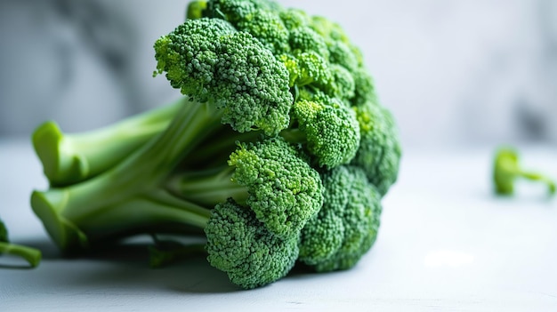 Cimette di broccoli verdi vivaci su uno sfondo bianco con ombre morbide