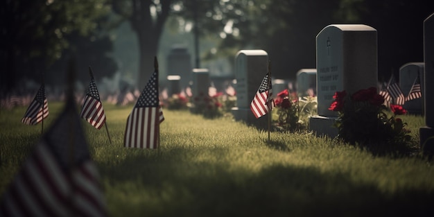 cimitero con il giorno della memoria della bandiera americana