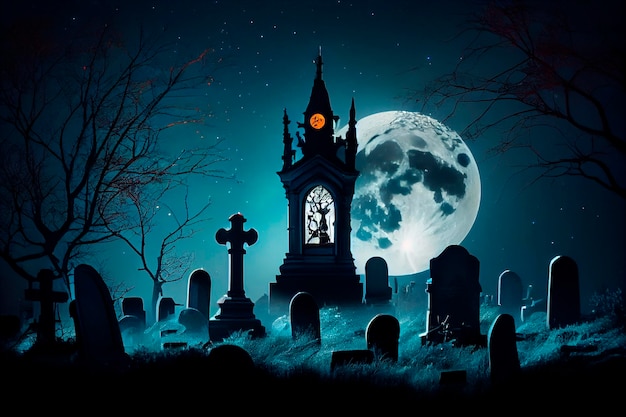 Cimitero con torre dell'orologio e lapidi di notte con la luna piena nel cielo