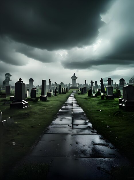 Cimitero fotorealistico con sensazione cinematografica horror di tempesta oscura qualità UHD generata da intelligenza artificiale generativa