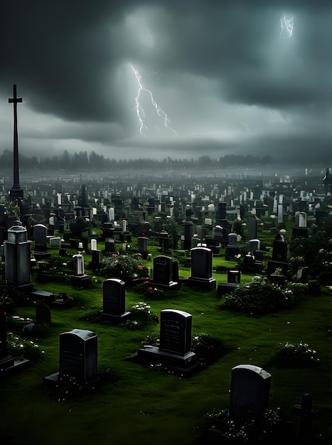 Cimitero fotorealistico in immagini UHD cinematografiche horror di tempesta oscura pris. Generative AI generate