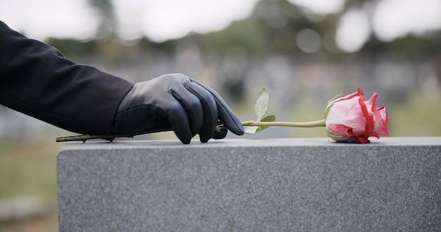 Cimitero funebre e persona con una rosa sulla lapide per la cerimonia di ricordo e il servizio commemorativo Depressione tristezza e mani con un fiore sulla lapide di lutto dolore e perdita nel cimitero