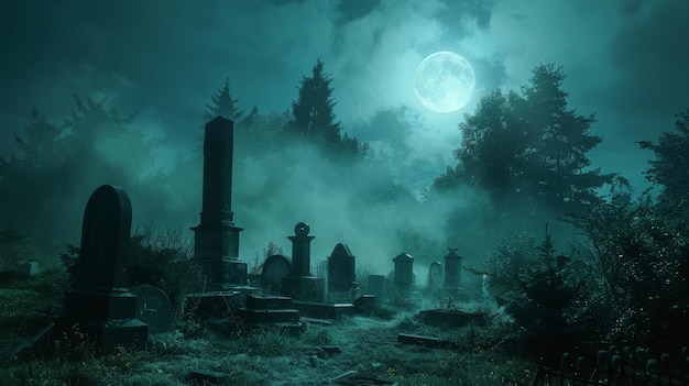 Cimitero illuminato dalla luna con nebbia e antiche lapidi