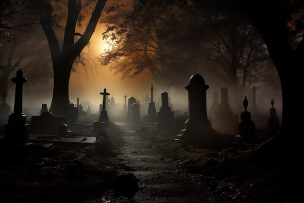 Cimitero inquietante a mezzanotte AI generativa