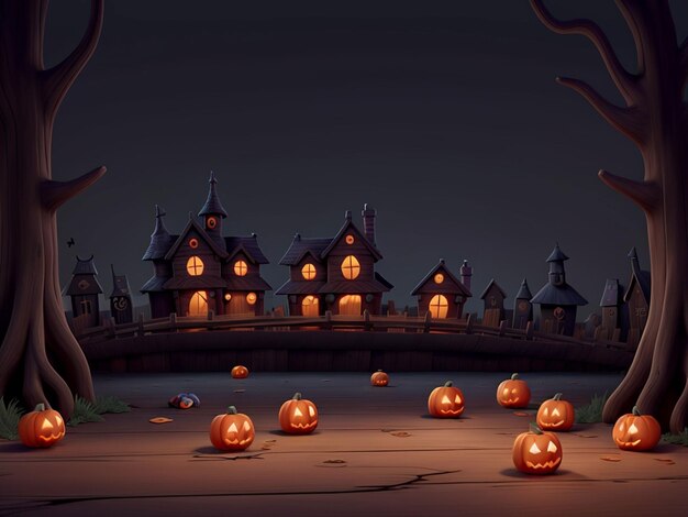Cimitero nella notte di Halloween con pipistrelli zucche malvagie e sullo sfondo un castello infestato