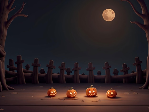 Cimitero nella notte di Halloween con pipistrelli zucche malvagie e sullo sfondo un castello infestato