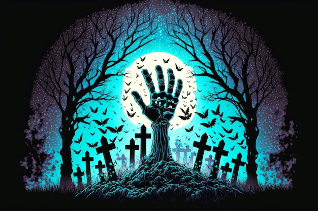 Cimitero notturno e teschio con le mani che si alzano dalle tombe