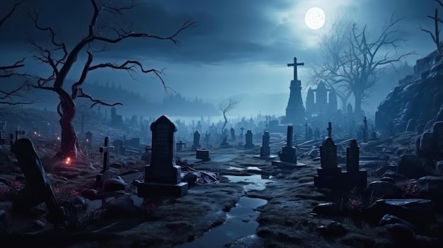 Cimitero spettrale con la luna piena nella notte di Halloween vecchio cimitero spaventoso AI generativo Tombe tombe e atmosfera mistica nella foresta oscura e infestata Concetto di non morti e morti horror di Hallowen