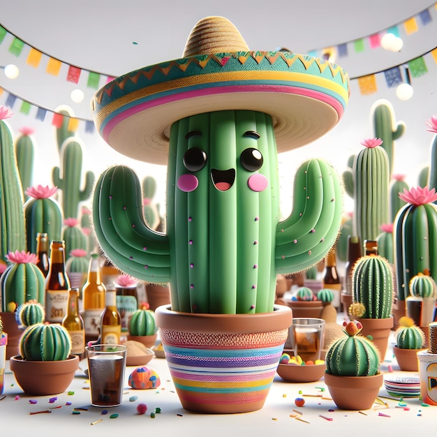 Cinco De Mayo Cactus 3D Render caricature caricature isolate sullo sfondo bianco