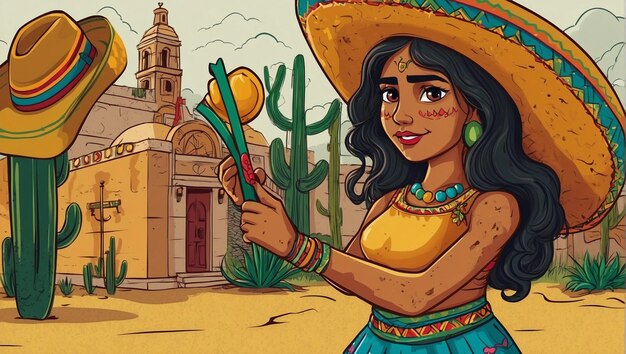 Cinco de mayo disegno persona con sombrera illustrazione di cartone animato di una donna con un cactus in mano