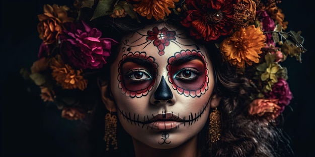 Cinco de Mayo e Dia de los muertos Festa dei morti Halloween messicana Trucco teschi di zucchero e fiori Bella donna IA generativa