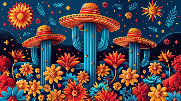 Cinco de mayo festa messicana Sombrero cappello cactus e fiori sullo sfondo