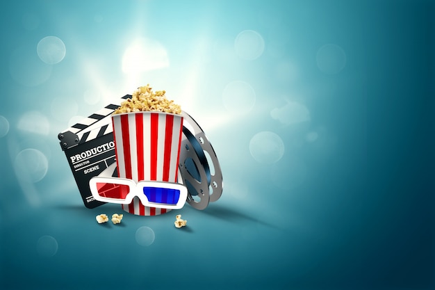 Cinema, attributi del cinema, cinema, film, visione online, popcorn e bicchieri.